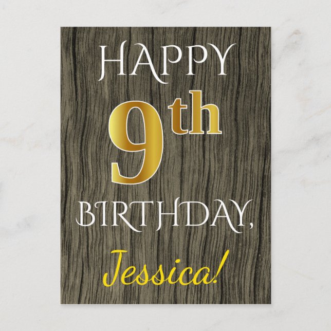 Postal Faux Wood, Faux Gold 9Cumpleaños + Custom Name (Anverso)