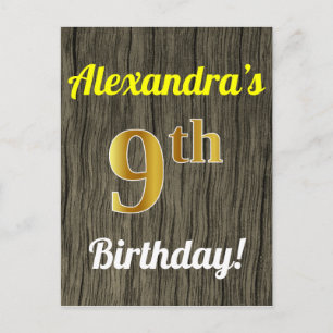 Postal Faux Wood, Faux Gold 9cumpleaños y nombre personal