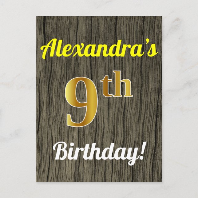 Postal Faux Wood, Faux Gold 9cumpleaños y nombre personal (Anverso)