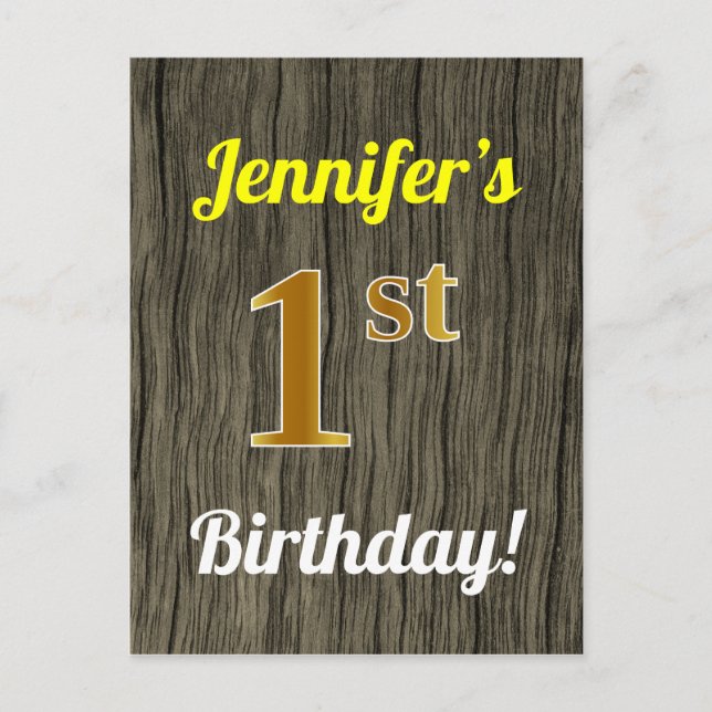 Postal Faux Wood, Faux Gold First Birthday y Custom Name (Anverso)