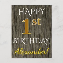 Postal Faux Wood, Faux Gold Primer cumpleaños + Nombre pe