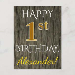Postal Faux Wood, Faux Gold Primer cumpleaños + Nombre pe