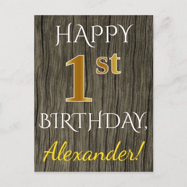 Postal Faux Wood, Faux Gold Primer cumpleaños + Nombre pe (Anverso)