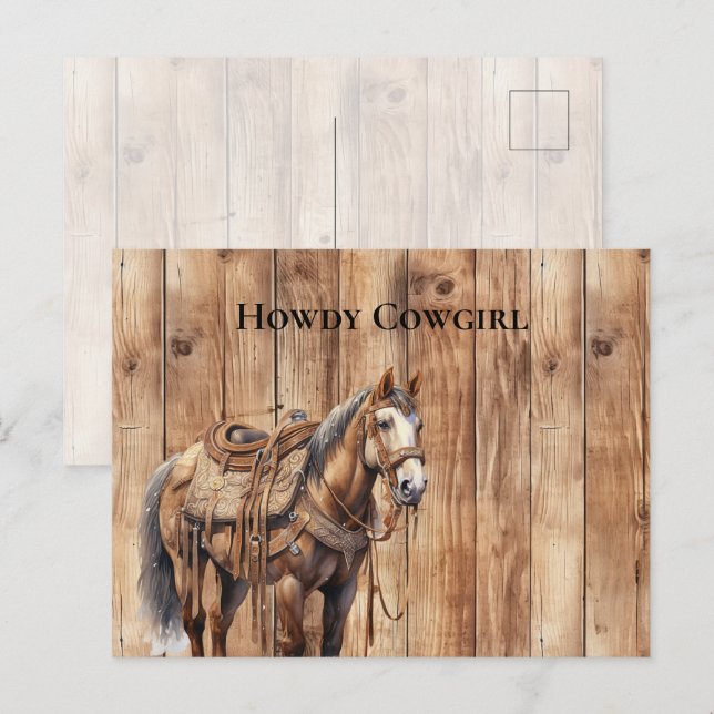 Postal Faux Wood Western Cowboy Cowgirl Horse Howdy (Anverso / Reverso)