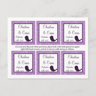 Postal Favor Etiquetas Bird Swing Purple BG corazones fon