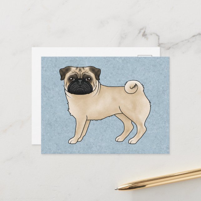 Postal Fawn Pug Dog Canine Cute Personalizado Ilustracion (Anverso/Reverso In Situ)
