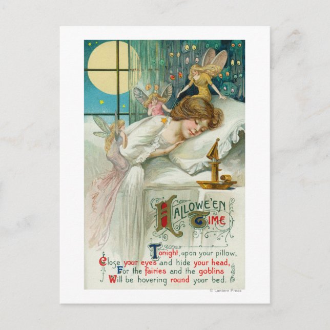 Postal Fe de Halloween en torno a mujer durmiente (Anverso)