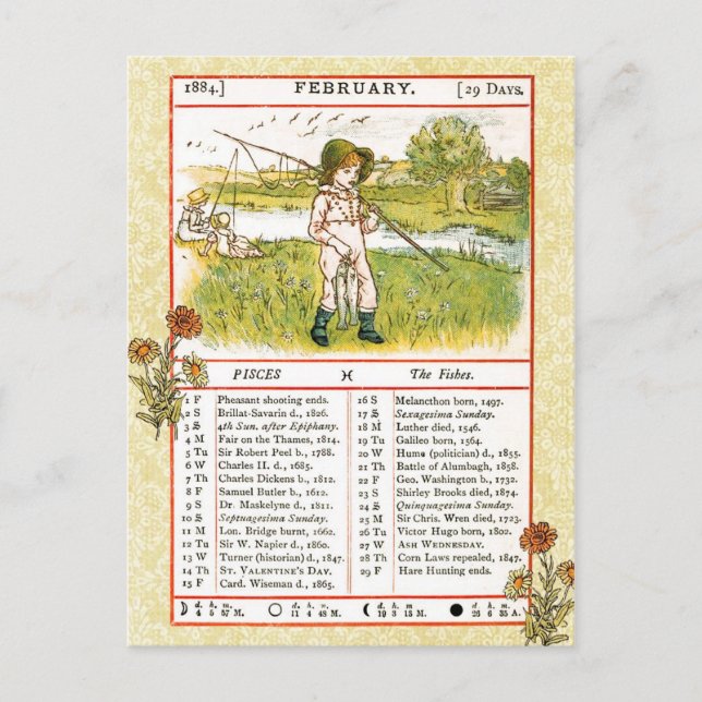 Postal Febrero 1884 Almanac. Piscis, Los Peces (Anverso)