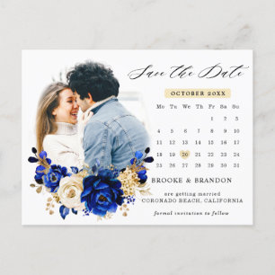 Postal Fecha de guardado del calendario Royal Blue Yellow