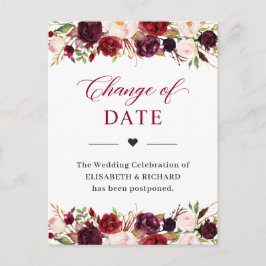 Postal Fecha de la boda pospuesta Floral Rosa Rojo Borgoñ