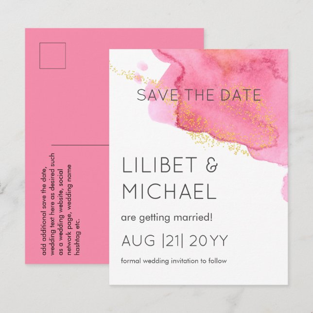 Postal Fechas de ahorro del Boda moderno Rubor Pink Gold (Anverso / Reverso)