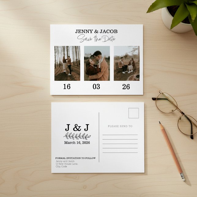 Postal Fechas de Collage de fotos en negrita Guardar la f (Bold Photo Collage dates Save the Date Postcard.)