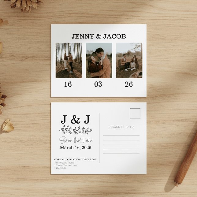 Postal Fechas de Collage de fotos simples Guardar la fech (Simple Photo Collage dates Save the Date Postcard.)