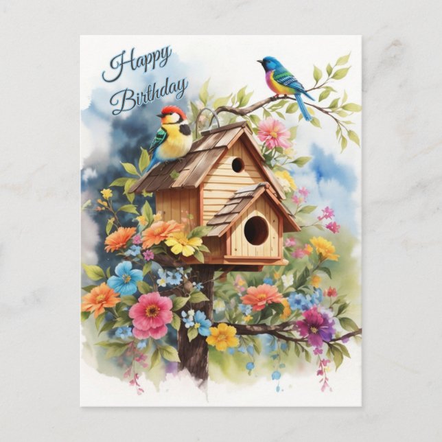 Postal Felices Birdhouse Floral Birdhouse and Birds (Anverso)