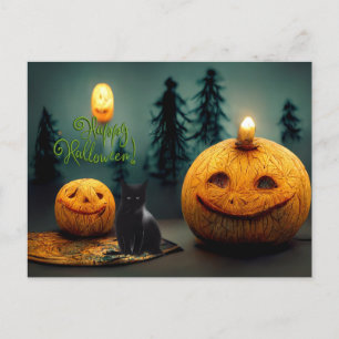 Postal Felices calabazas de Halloween y gato negro