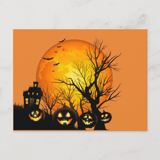 Postal Felices calabazas de Halloween y la casa embrujada (Anverso)