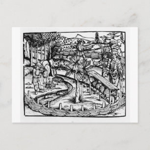 Postal Felices caseros cuidando abejas, ilustracion de