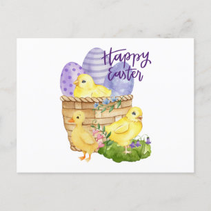 Postal Felices chicles de pascua y cesta de huevos de pas