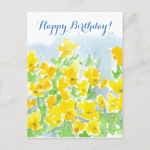 Postal Felices cumpleaños Flores de Pansy Amarillas Viola