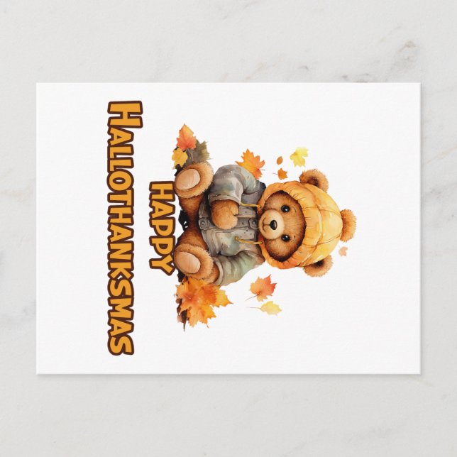 Postal Felices deseos de Hallothanksmas: Un oso de peluch (Anverso)