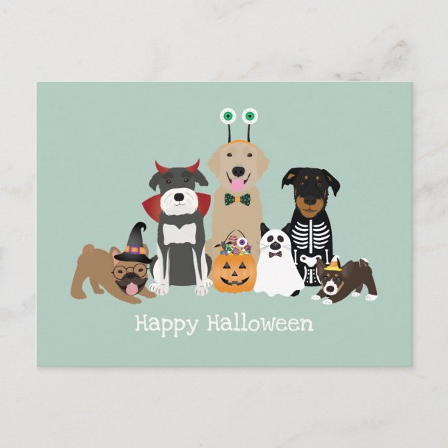 Postal Felices disfraces Mascotas de Halloween (Anverso)
