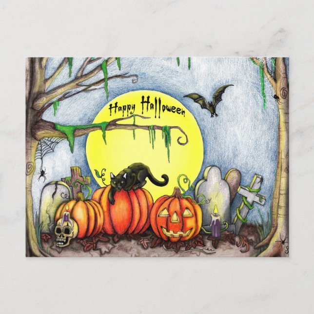 Postal Felices escenas del cementerio de Halloween (Anverso)