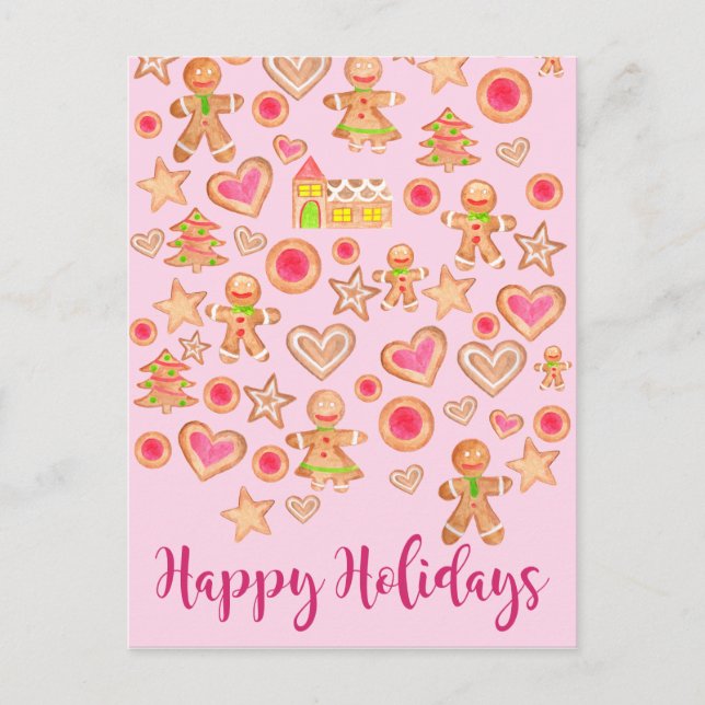 Postal Felices fiestas acuarela galletas de pan de jengib (Anverso)