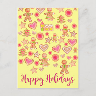 Postal Felices fiestas acuarela galletas de pan de jengib