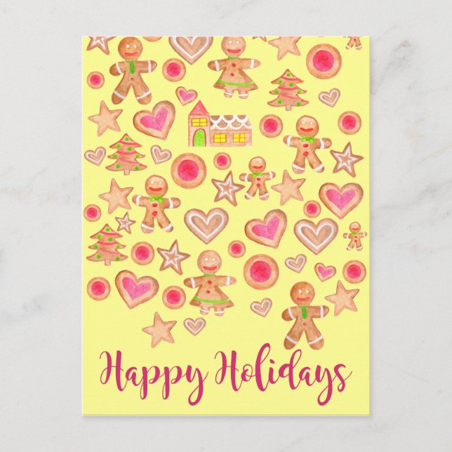 Postal Felices fiestas acuarela galletas de pan de jengib (Anverso)