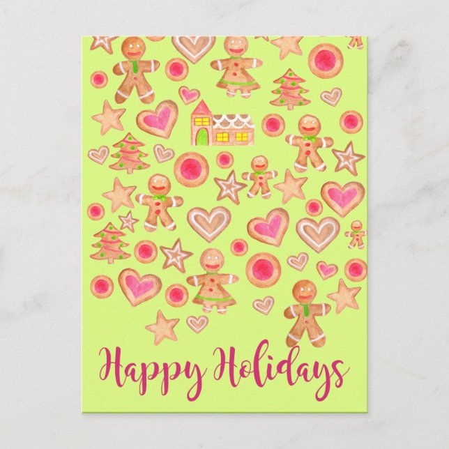 Postal Felices fiestas acuarela galletas de pan de jengib (Anverso)