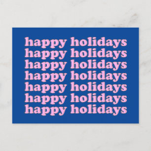 Postal Felices Fiestas con tipografía retro rosa y azul