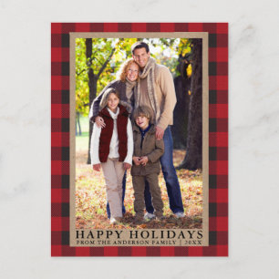 Postal Felices Fiestas de Plaid Rojo Kraft Familia Foto