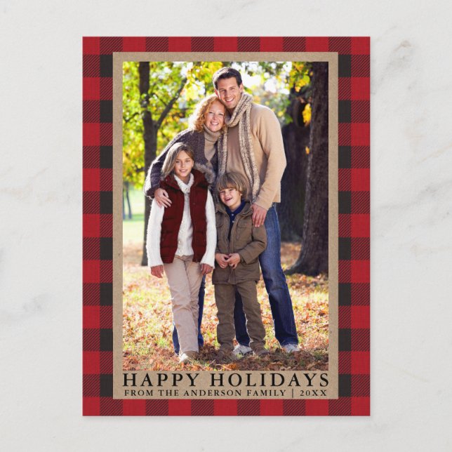 Postal Felices Fiestas de Plaid Rojo Kraft Familia Foto (Anverso)