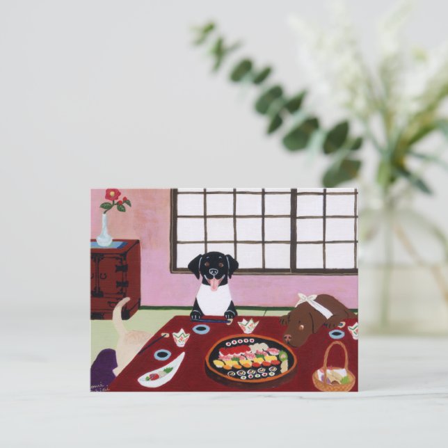 Postal Felices Fiestas de sushi Labradors (Anverso de pie)