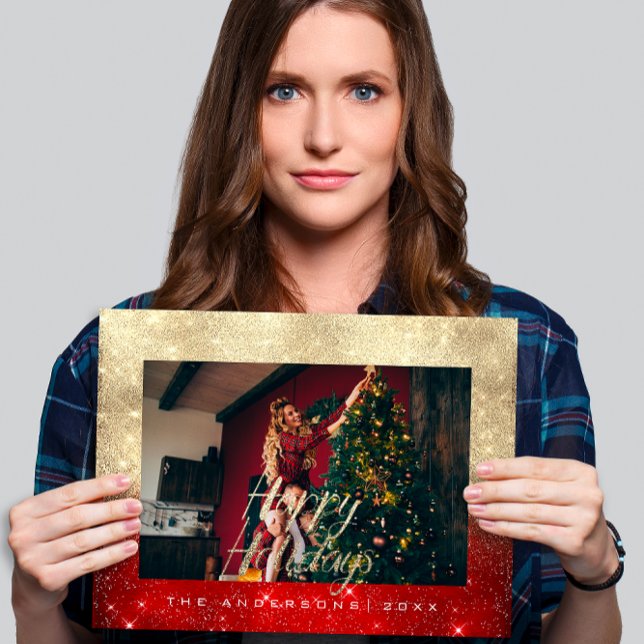 Postal Felices Fiestas Doradas Foto De Casa De Campo Rojo (Happy Holidays Gold Cottage Photo Red Spark Postca Postcard)