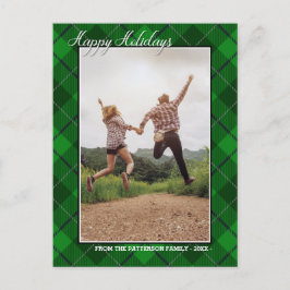 Postal Felices Fiestas Familia Foto Estilo Tartán Verde
