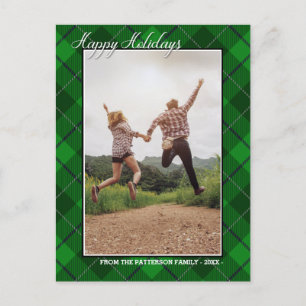 Postal Felices Fiestas Familia Foto Estilo Tartán Verde