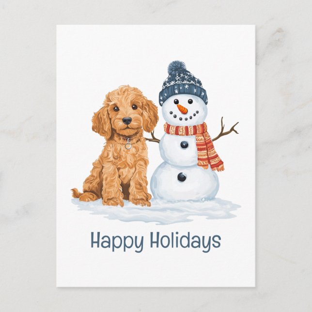 Postal Felices Fiestas Goldendoodle Perro Muñeco de Nieve (Anverso)