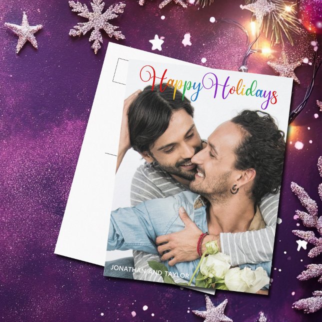 Postal Felices Fiestas Guiones Arcoiris Foto Pareja LGBTQ (Subido por el creador)