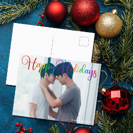 Postal Felices Fiestas Guiones Arcoiris Foto Pareja LGBTQ