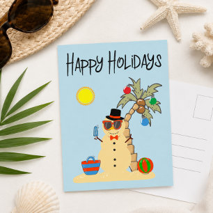 Postal Felices Fiestas Muñeco de Nieve de Arena Tropical