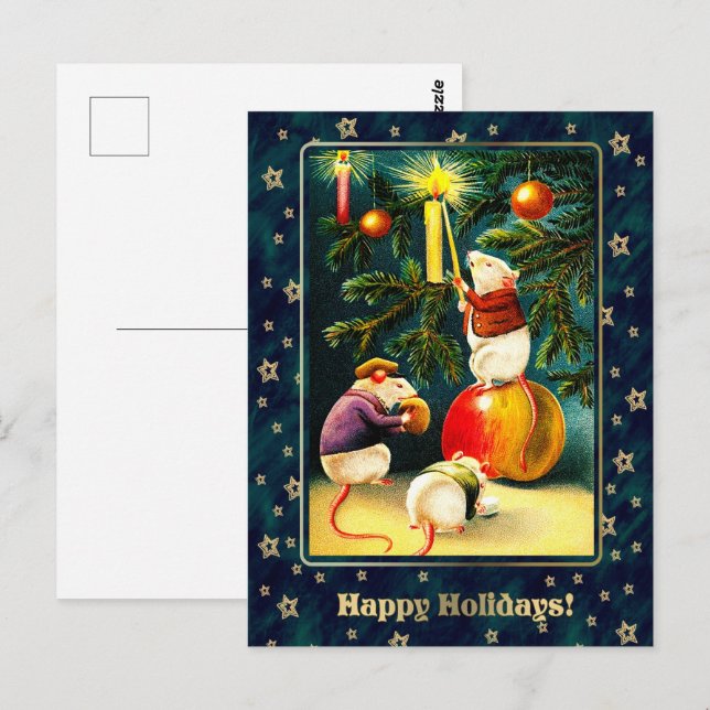 Postal Felices Fiestas. Navidades de ratones divertidos (Anverso / Reverso)