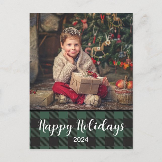 Postal Felices Fiestas Plaid Verde Búfalo 2024 (Anverso)