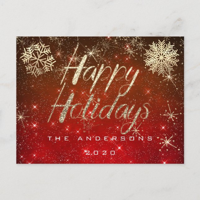 Postal Felices Fiestas Script Oro Nieve Red Spark Nombre (Anverso)