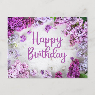 Postal Felices flores de Lilac rosadas y moradas de cumpl