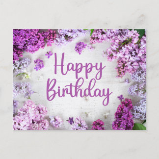 Postal Felices flores de Lilac rosadas y moradas de cumpl