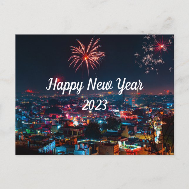 Postal Felices fuegos artificiales de Año Nuevo en la pos (Anverso)