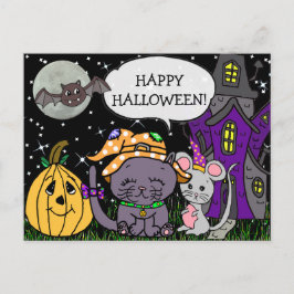 Postal Felices Halloween Black Cat and Mouse Cute