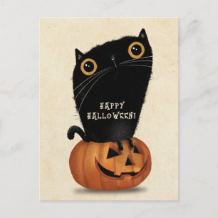 Postal Felices Halloween Cuidada Calabaza de Gato Negro