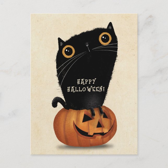 Postal Felices Halloween Cuidada Calabaza de Gato Negro (Anverso)